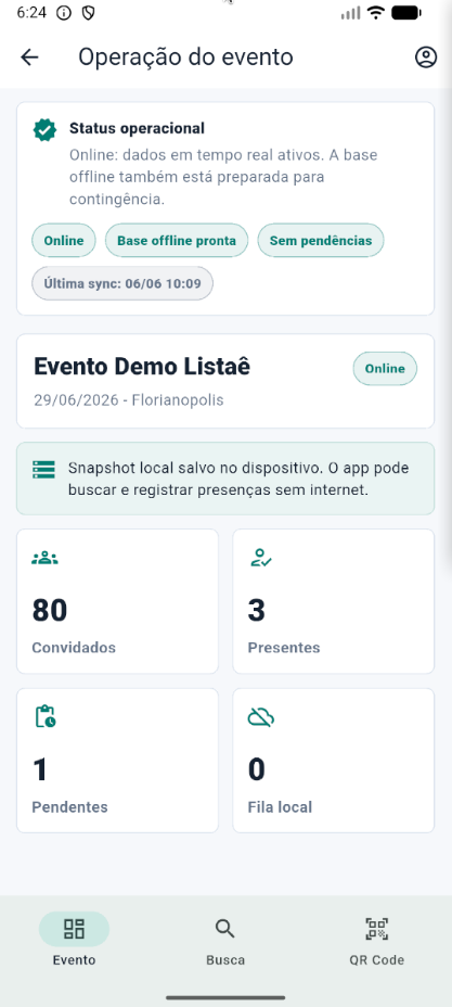 Tela do app mobile mostrando operação do evento com base offline pronta.