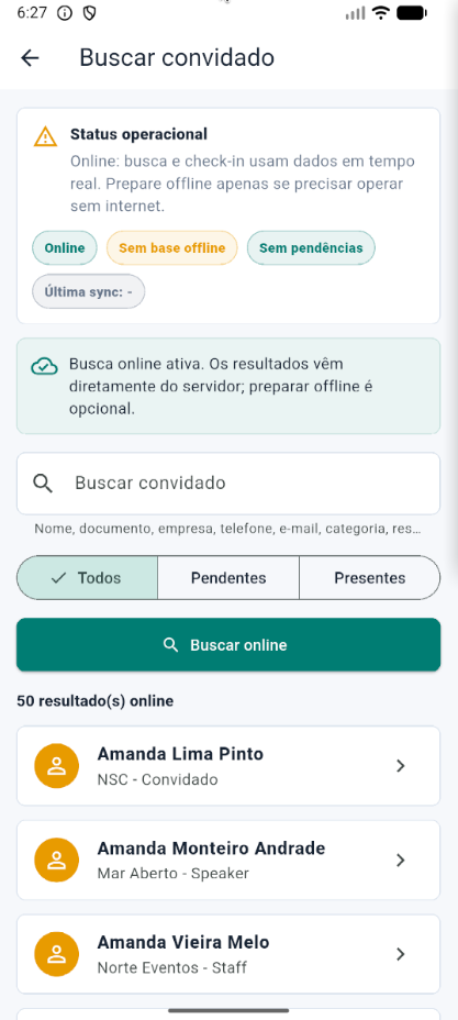 Tela do app mobile buscando convidado por dados cadastrais.