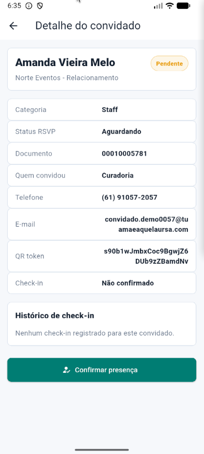 Tela do app mobile com detalhe do convidado e ação para confirmar presença.